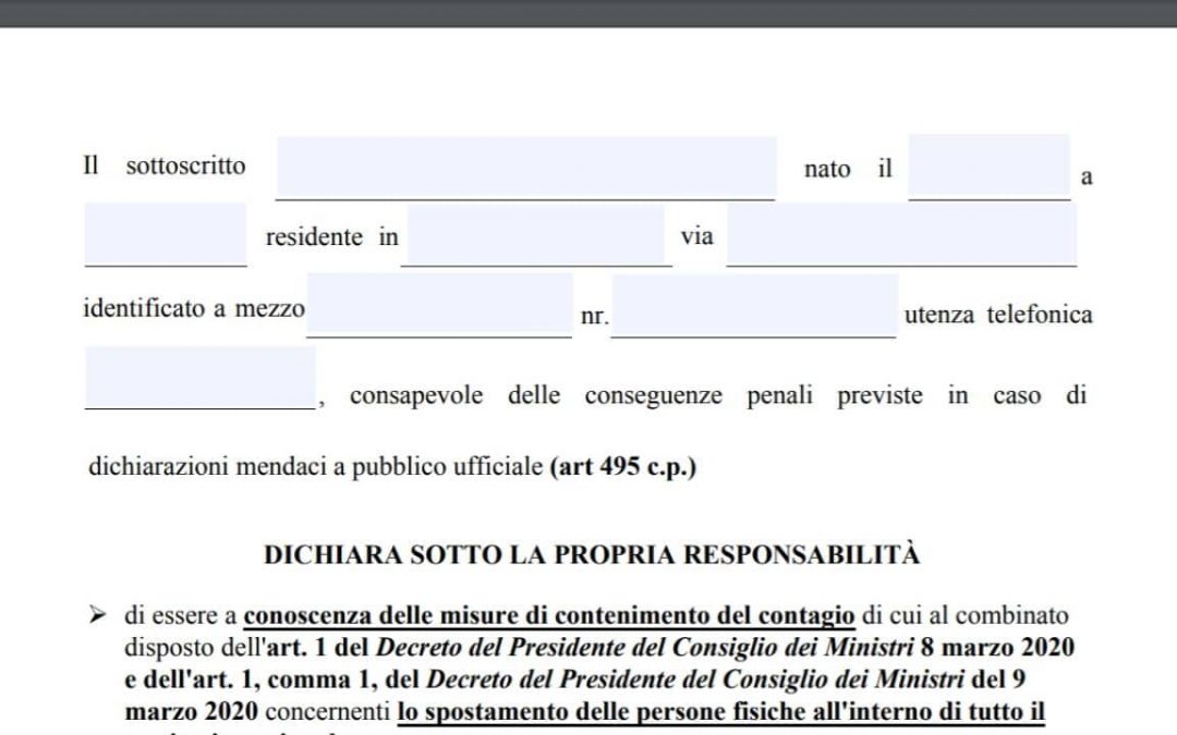 Nuovo modulo di autocertificazione per spostamenti
